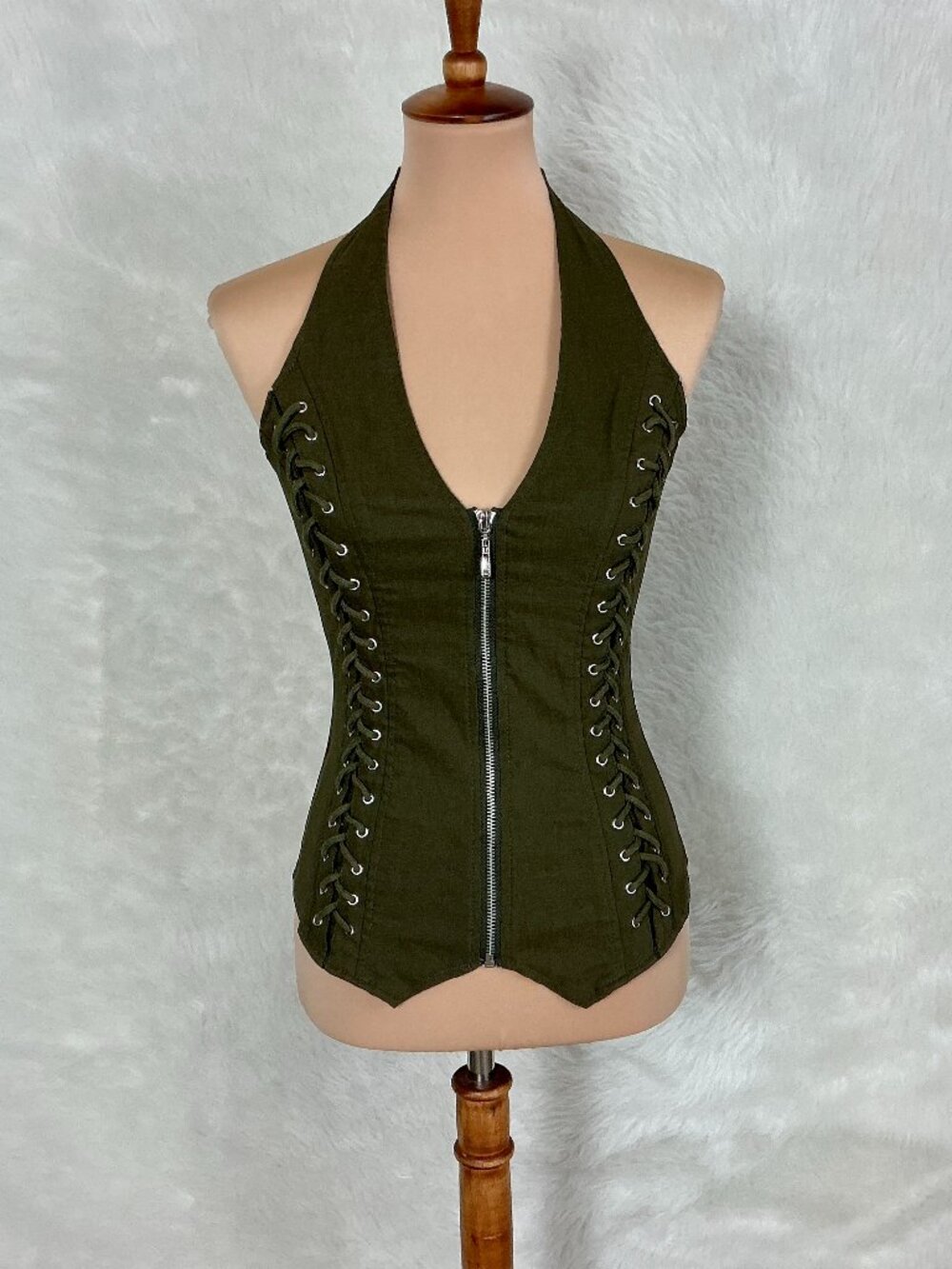 Retro Green V-Neck V-Neck Zip Front Lace Up Corset Halter Top M Lydia USA M